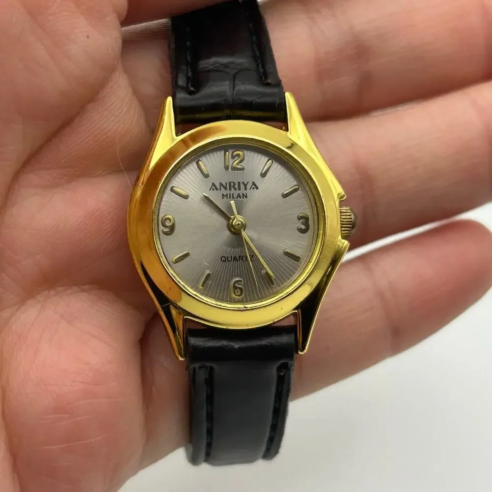 Anriya Milan Gold-tone Black Genuine Leather Women’s Quartz Watch New Battery